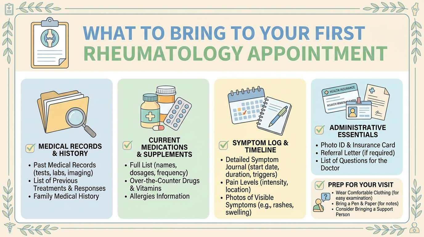** Patient checklist for Bangkok rheumatology consultation including symptom diary and medical records
