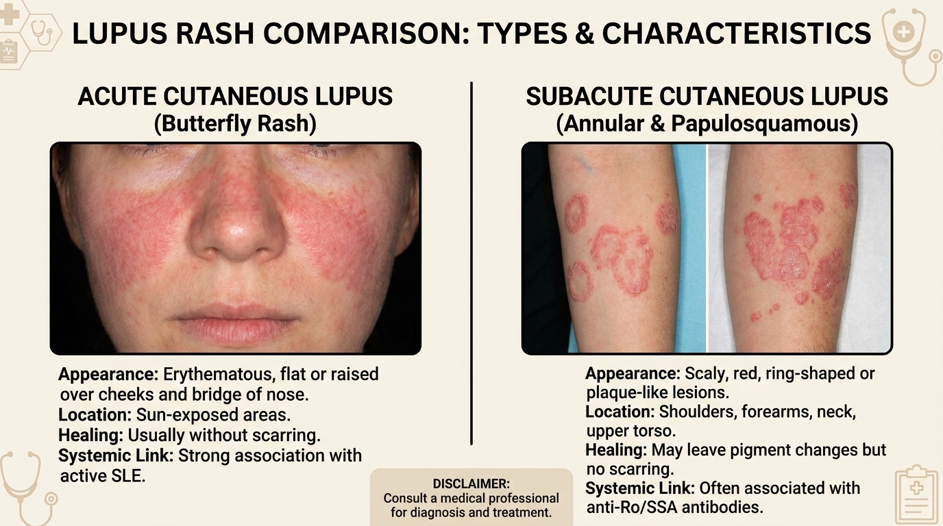 ** A side-by-side photo comparison chart showing Lupus Butterfly Rash vs. Rosacea vs. Allergic Reaction