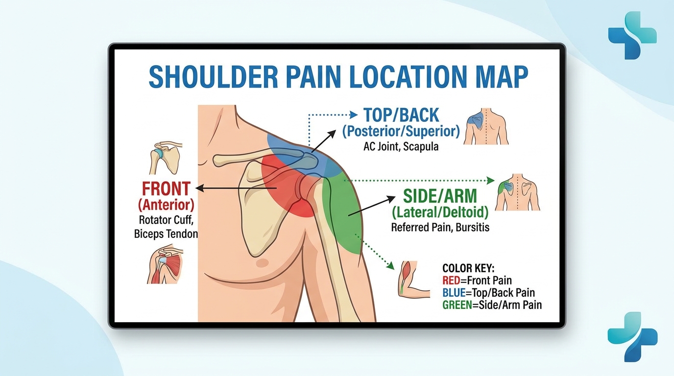 ** Anatomical diagram pointing to front shoulder hurts zones