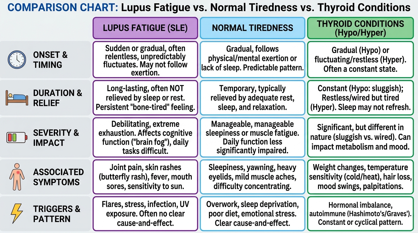 ** Chart comparing the symptoms of autoimmune disease fatigue against normal exhaustion and thyroid issues