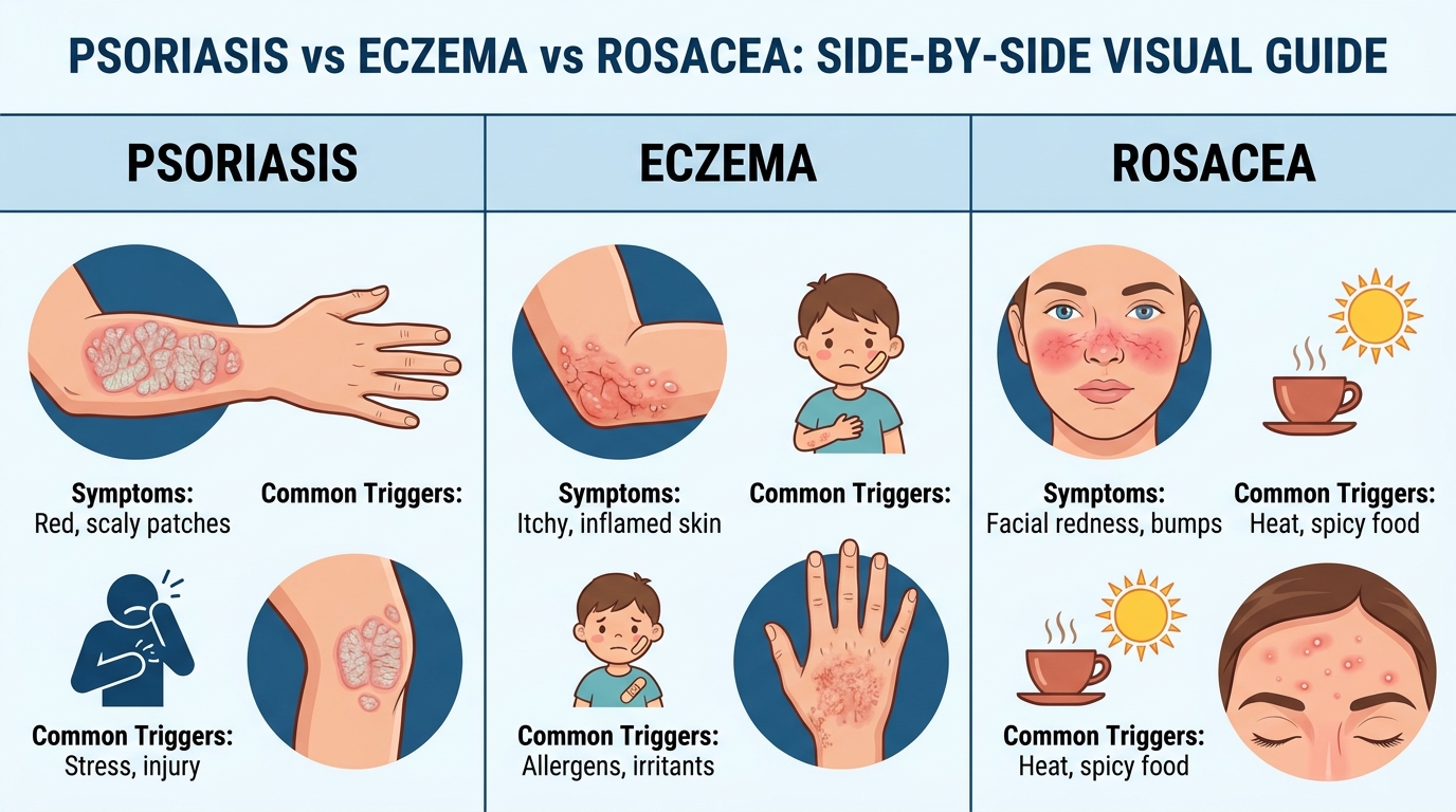 ** Comparison diagram showing psoriasis plaques on extensor surfaces versus eczema weeping lesions on flexor surfaces versus rosacea facial flushing