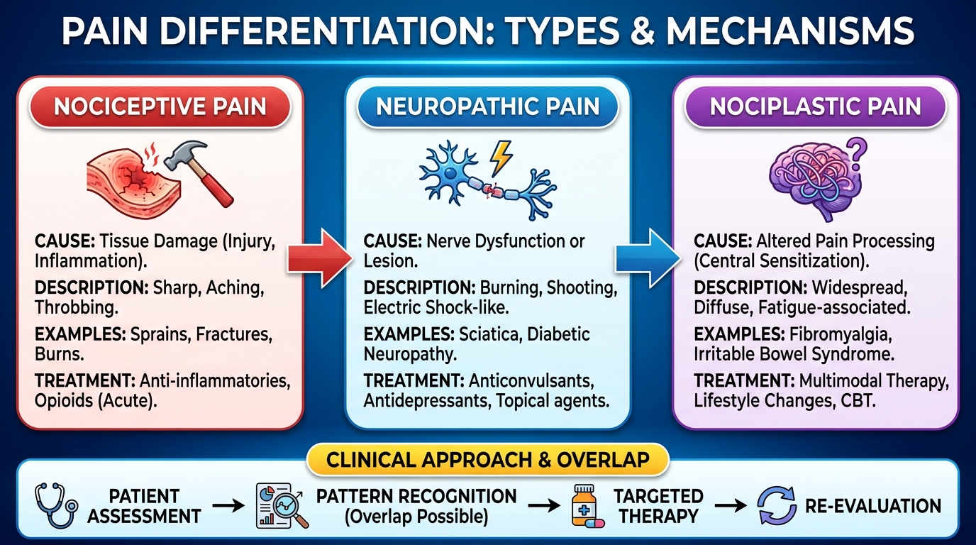 ** Visual guide comparing localized mechanical nerve compression to systemic autoimmune pain patterns