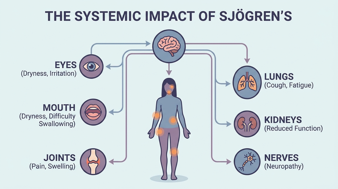 ** Infographic illustrating how sjogren's disease affects multiple organ systems including eyes