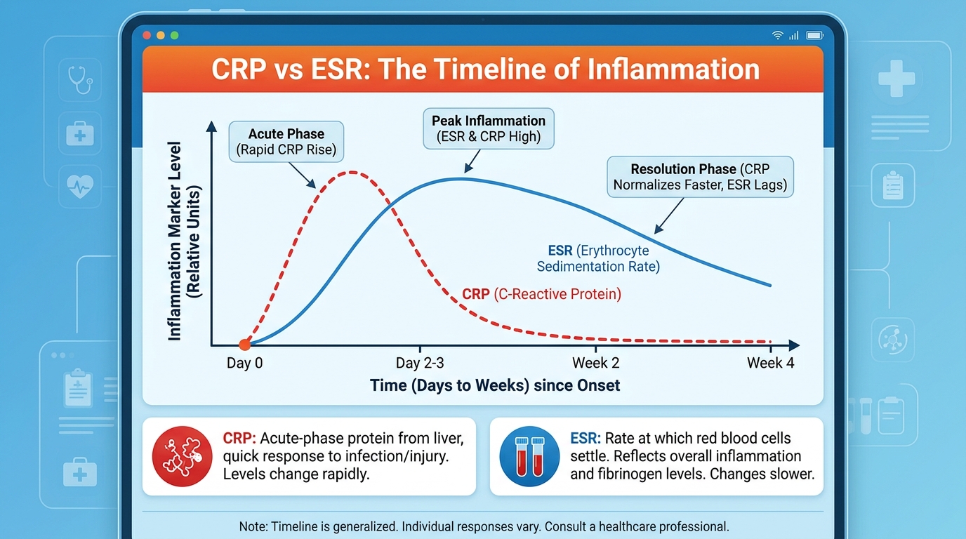 ** Infographic showing how quickly CRP rises compared to ESR during an inflammatory response