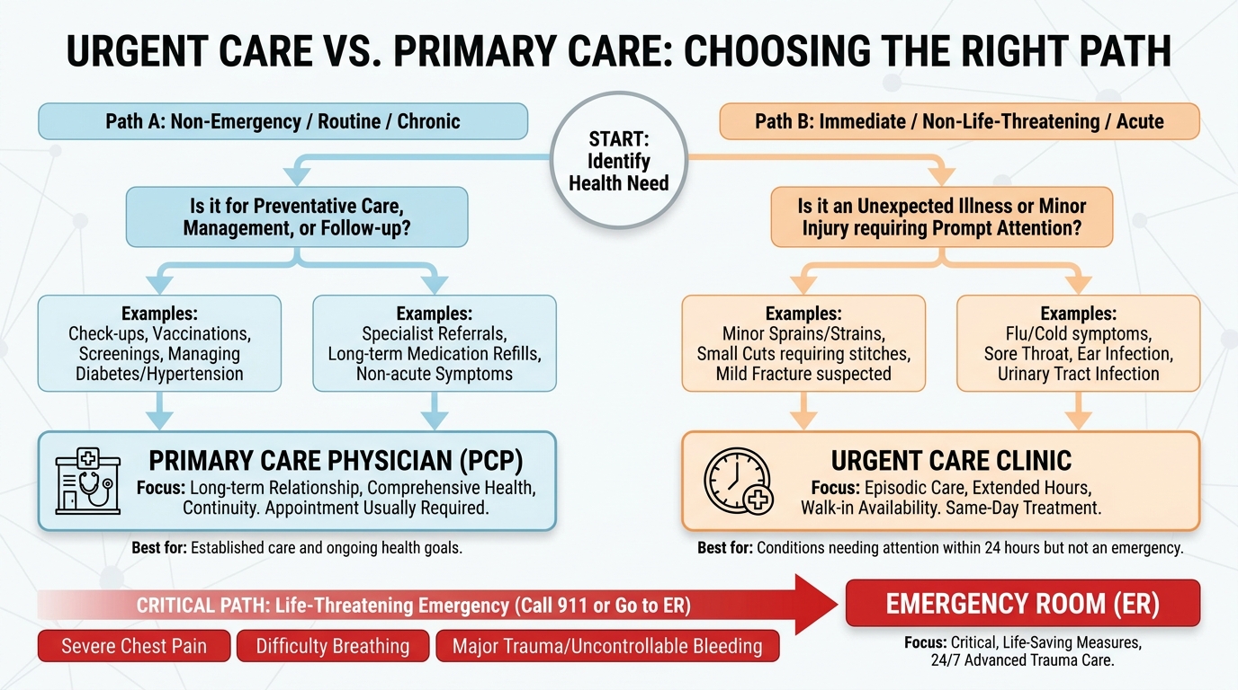 ** Flowchart demonstrating when to visit urgent care versus a primary care physician