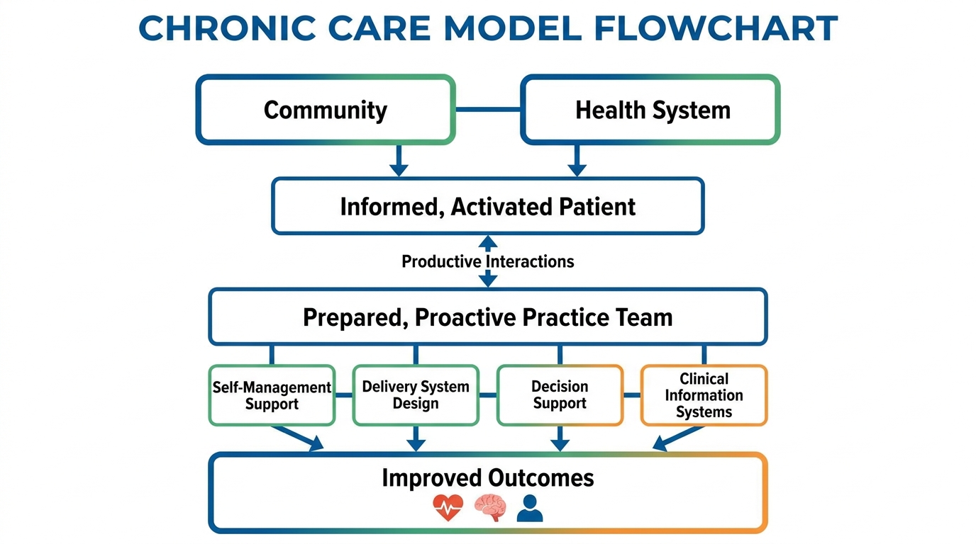 ** A flowchart explaining the Chronic Care Model showing the relationship between patients providers and the community
