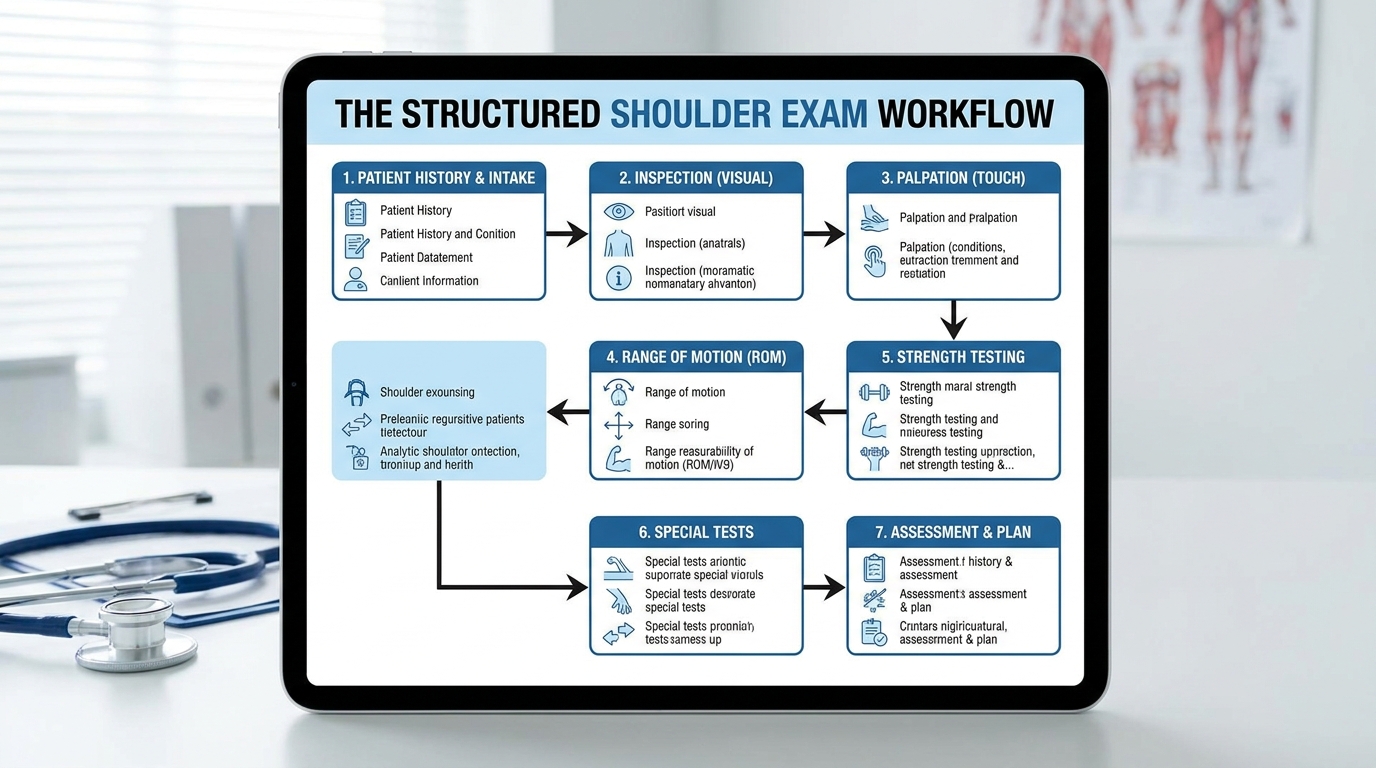 ** Flowchart covering the 5 phases of structured shoulder assessment for MSK pain