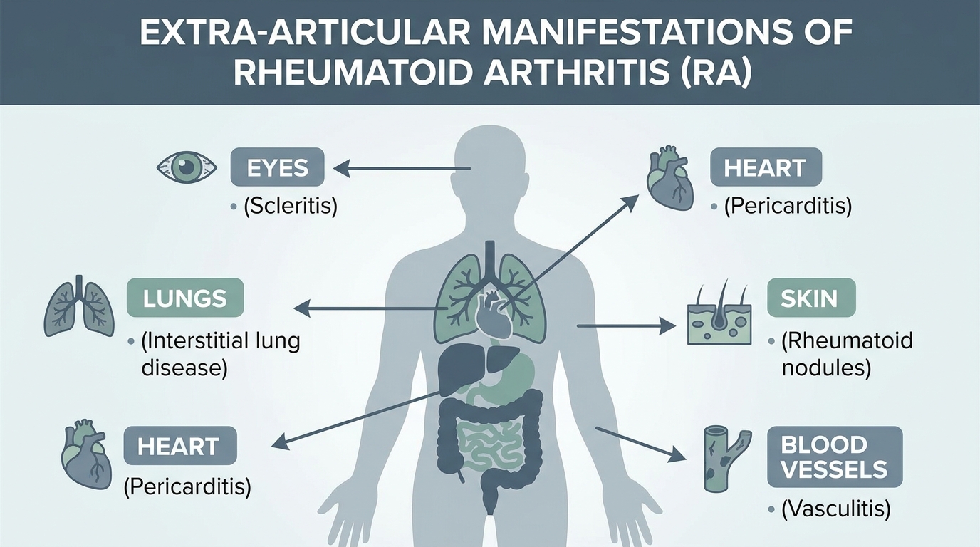 ** A visual symptom map of the human body highlighting Extra-Articular Manifestations of RA including Eyes