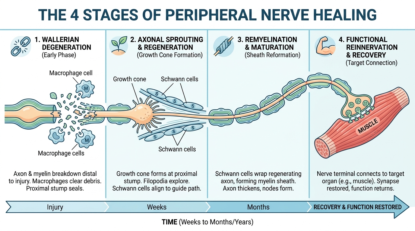 ** Diagram showing Wallerian degeneration and peripheral nerve pain regeneration over time