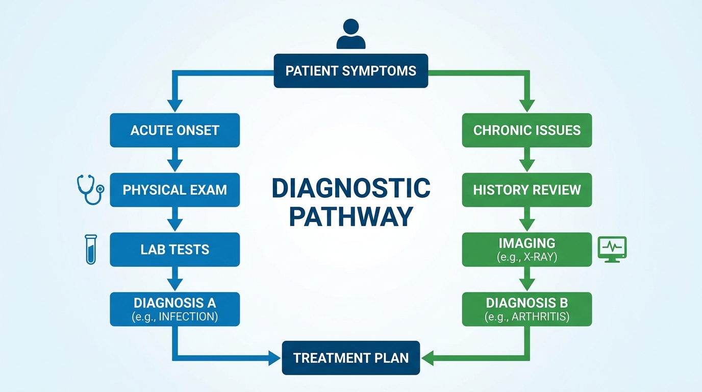 ** Full neurological exam diagnostic flowchart showing steps from physical assessment to MRI imaging
