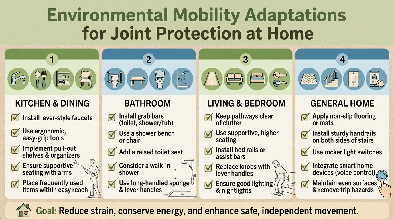 ** A checklist illustrating the 3-Phase Joint Preservation Protocol for home mobility adaptations