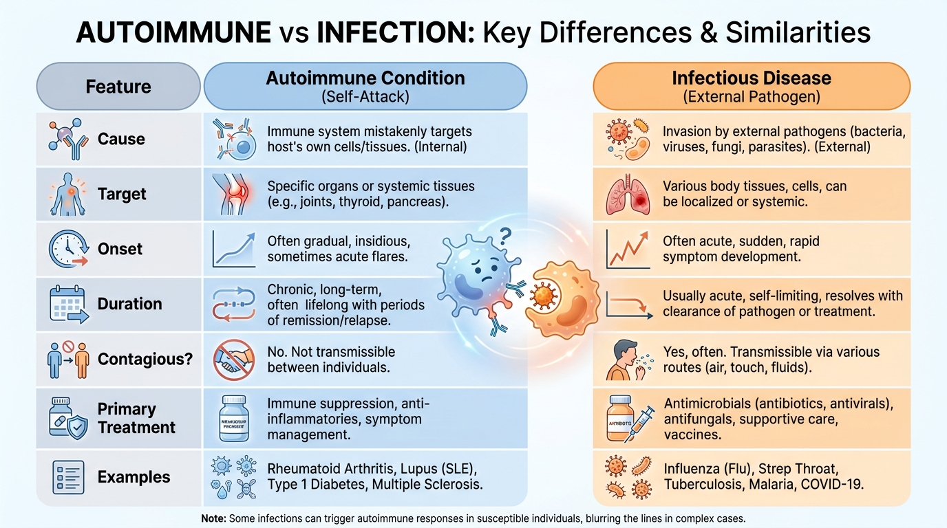 ** Chart comparing endogenous autoimmune symptoms with exogenous infections