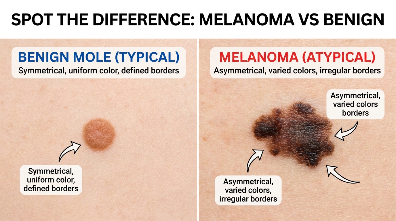 ** A 'Spot the Difference' diagram showing Early-stage Melanoma vs. Benign Moles vs. Autoimmune Rheumatoid Nodules