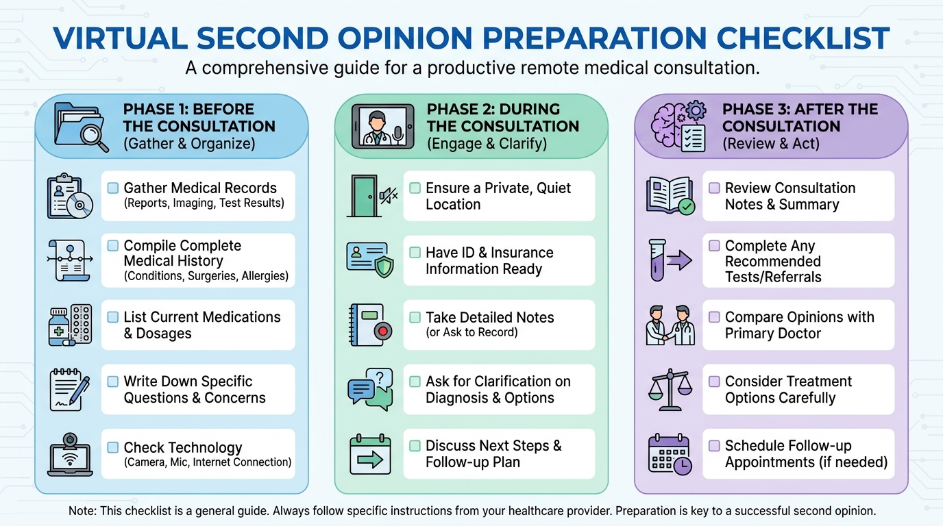 ** A checklist showing what documents and questions to pack for a remote neurological second opinion