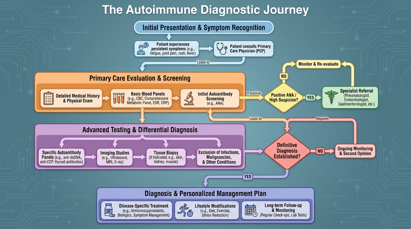 ** Flowchart illustrating the multi-step autoimmune diagnostic journey from early symptoms through specialist referral and blood test interpretation