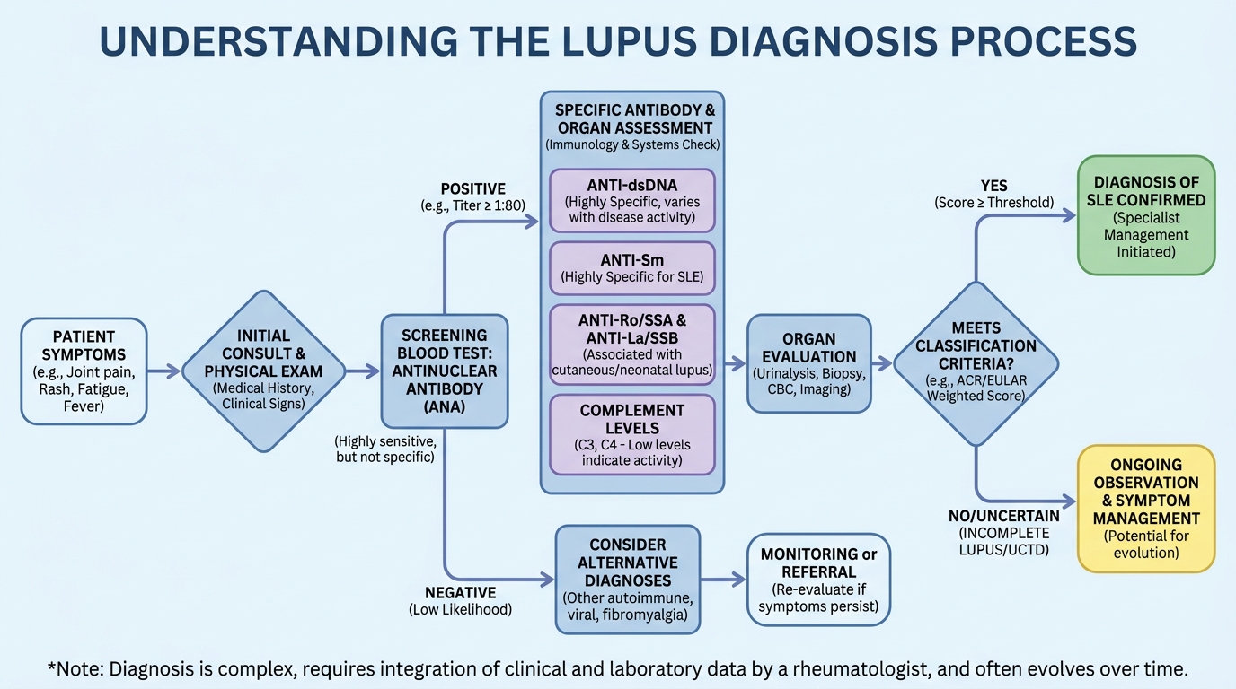 ** Flowchart showing the clinical steps from ANA blood testing to specialist evaluation and tissue biopsy for diagnosing lupus