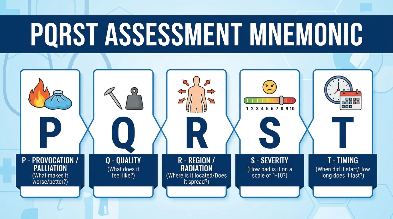 ** PQRST pain assessment tool mnemonic infographic explaining provocation