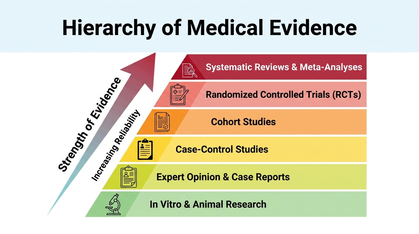 ** Infographic showing the hierarchy of medical evidence with case reports at the base and systematic reviews at the top