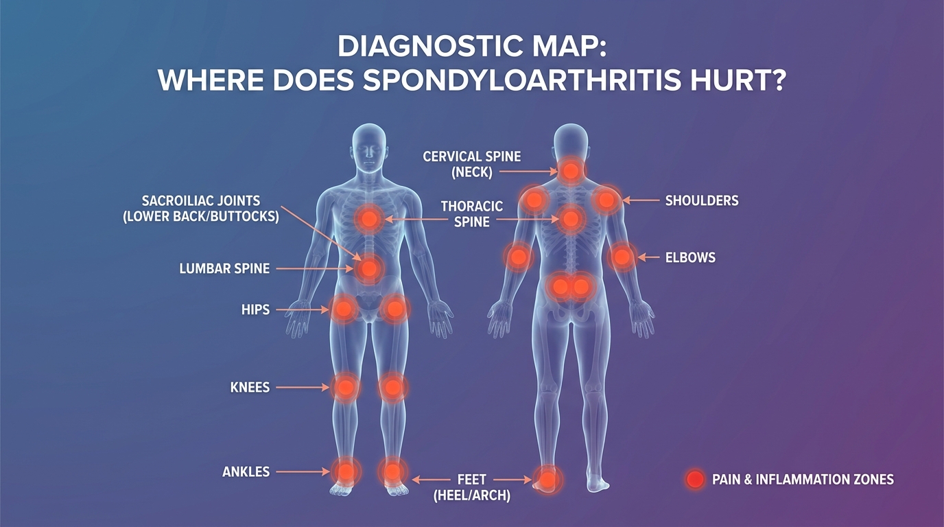 ** Diagram showing axial spine and sacroiliac joints versus peripheral limb joints affected by spondyloarthritis