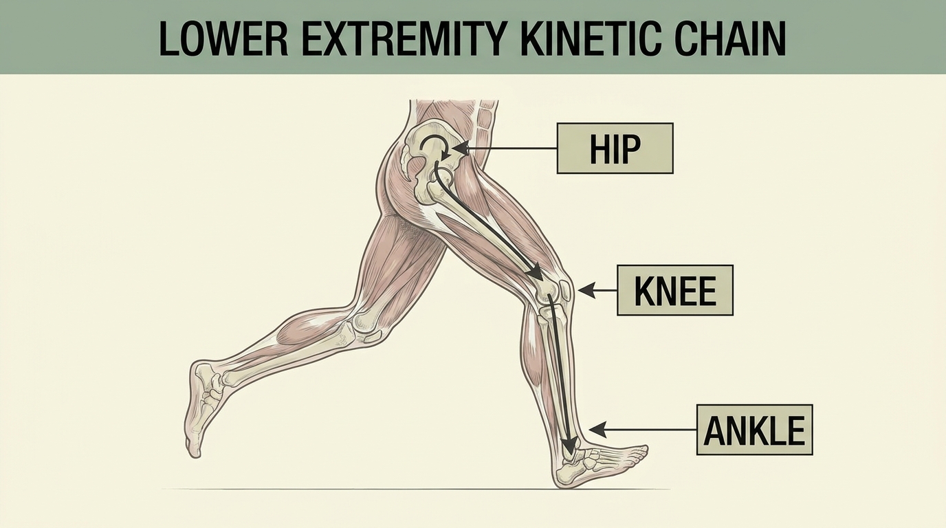 ** Kinetic Chain Diagram showing how foot arch collapse and hip tightness refer pain to the knee