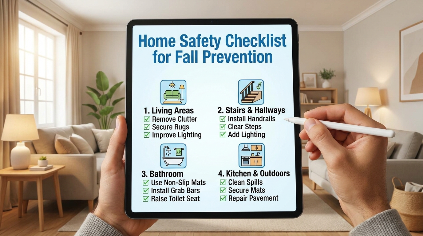 ** Home safety checklist outlining fall hazard removal for impaired mobility