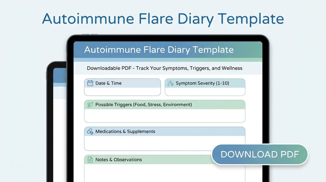 ** Autoimmune flare diary template showing daily log for symptoms and triggers