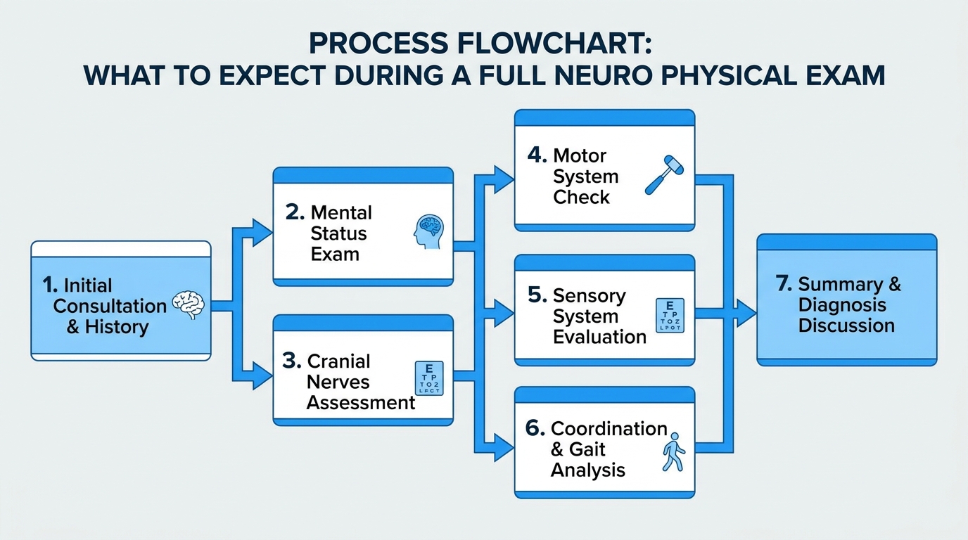 ** Flowchart showing the 5 steps of a neurological physical exam including mental status