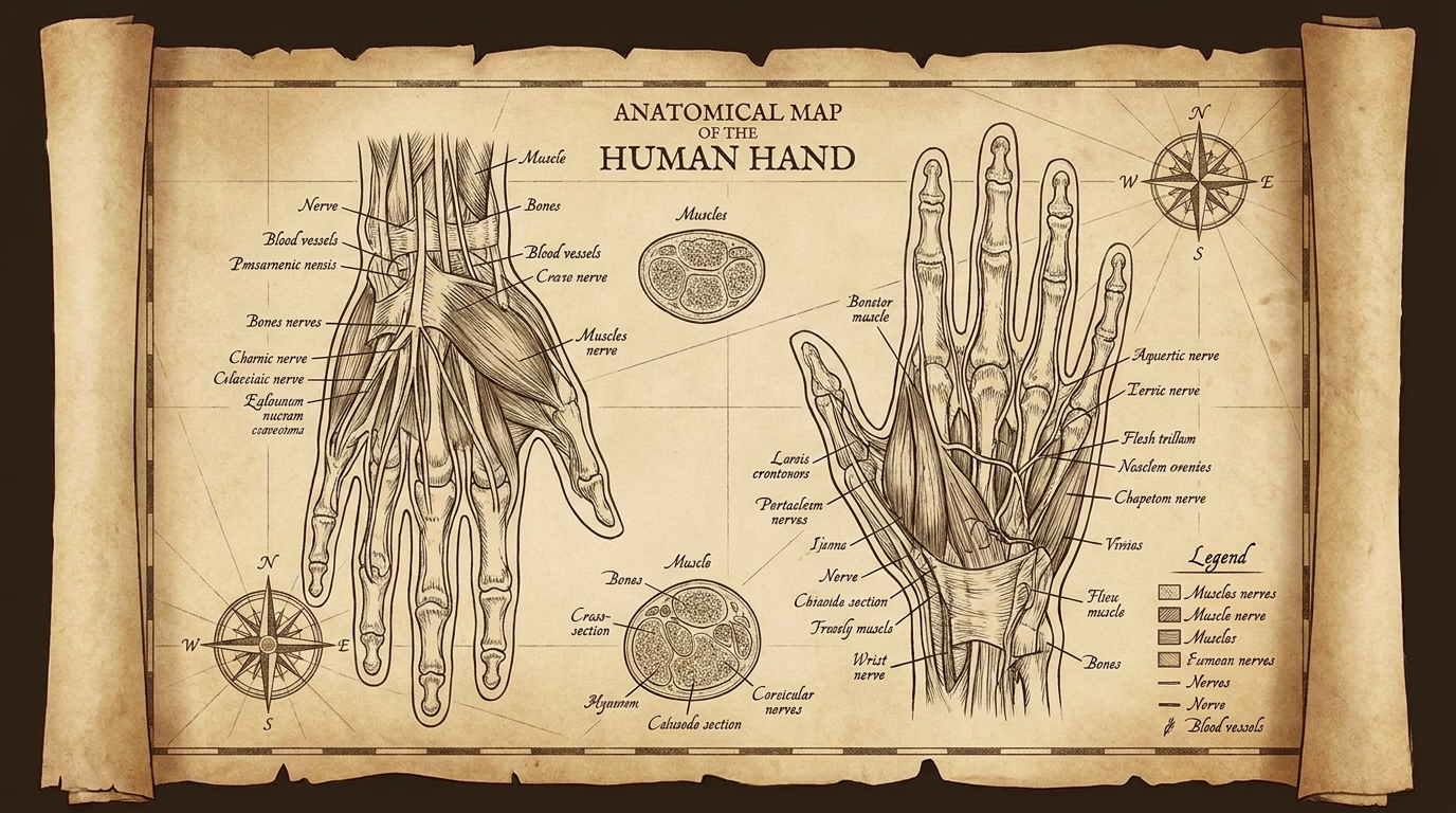 ** Anatomical hand map graphic highlighting the DIP joints (closest to fingertips) targeted by osteoarthritis versus the PIP and MCP joints targeted by rheumatoid arthritis