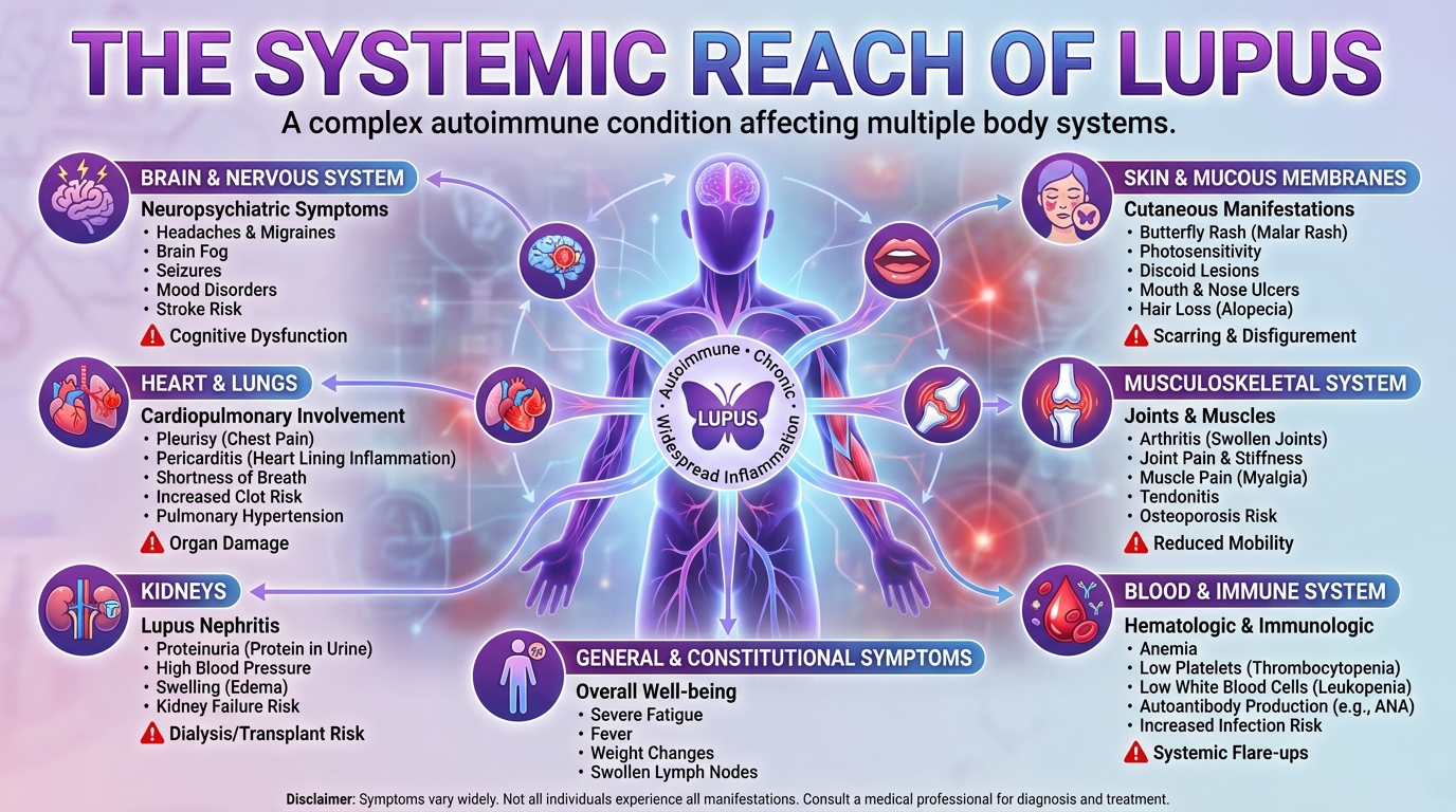 ** Visual map showing how systemic lupus erythematosus autoantibodies travel through the bloodstream to affect joints