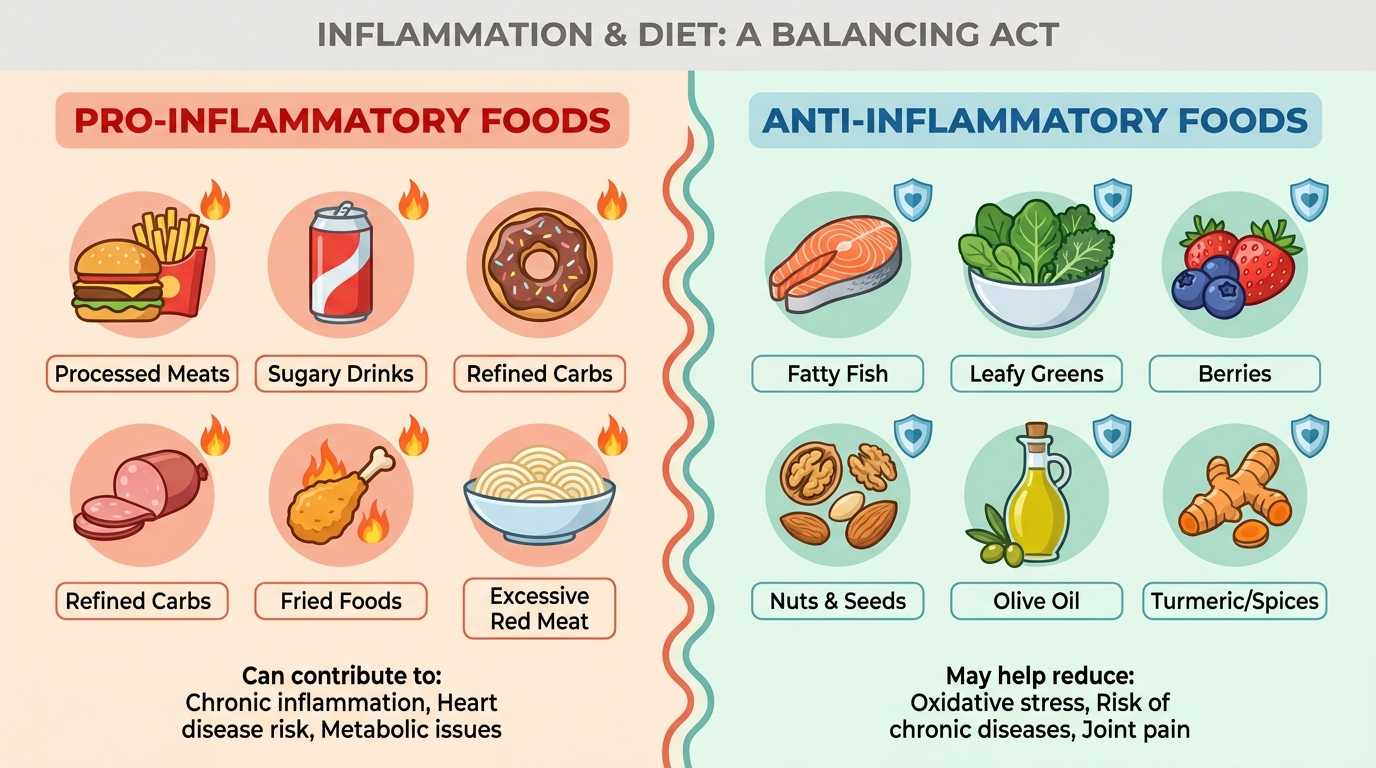 ** An infographic illustrating Pro-Inflammatory vs. Anti-Inflammatory Foods to support dietary intervention