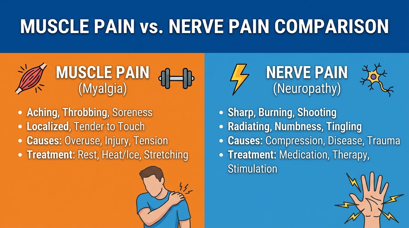 ** Table showing key differences between localized muscle strain and radiating nerve compression