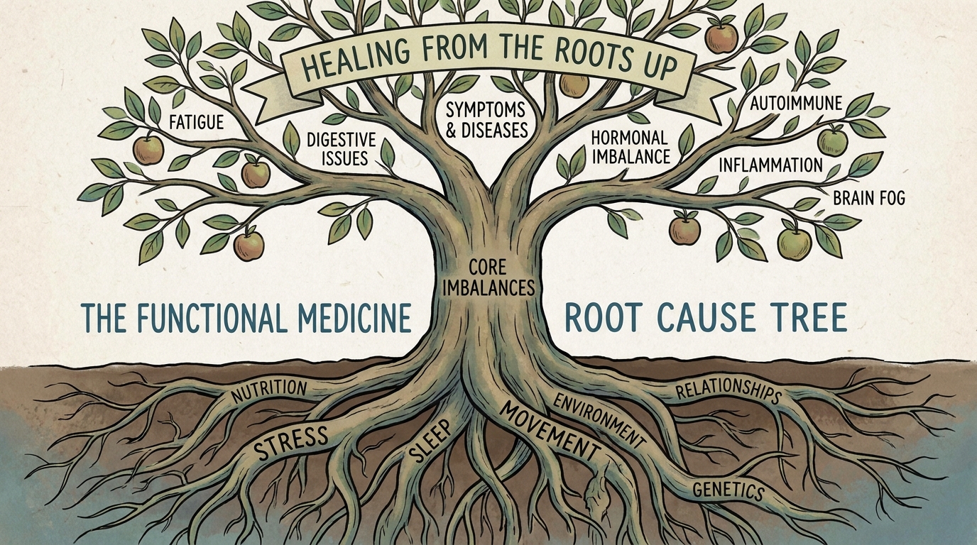 ** Infographic showing functional medicine symptoms as branches and root causes as roots