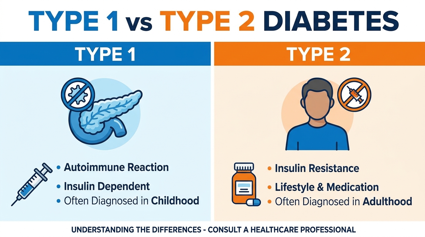 ** Comparison table showing the autoimmune versus metabolic origins of diabetes