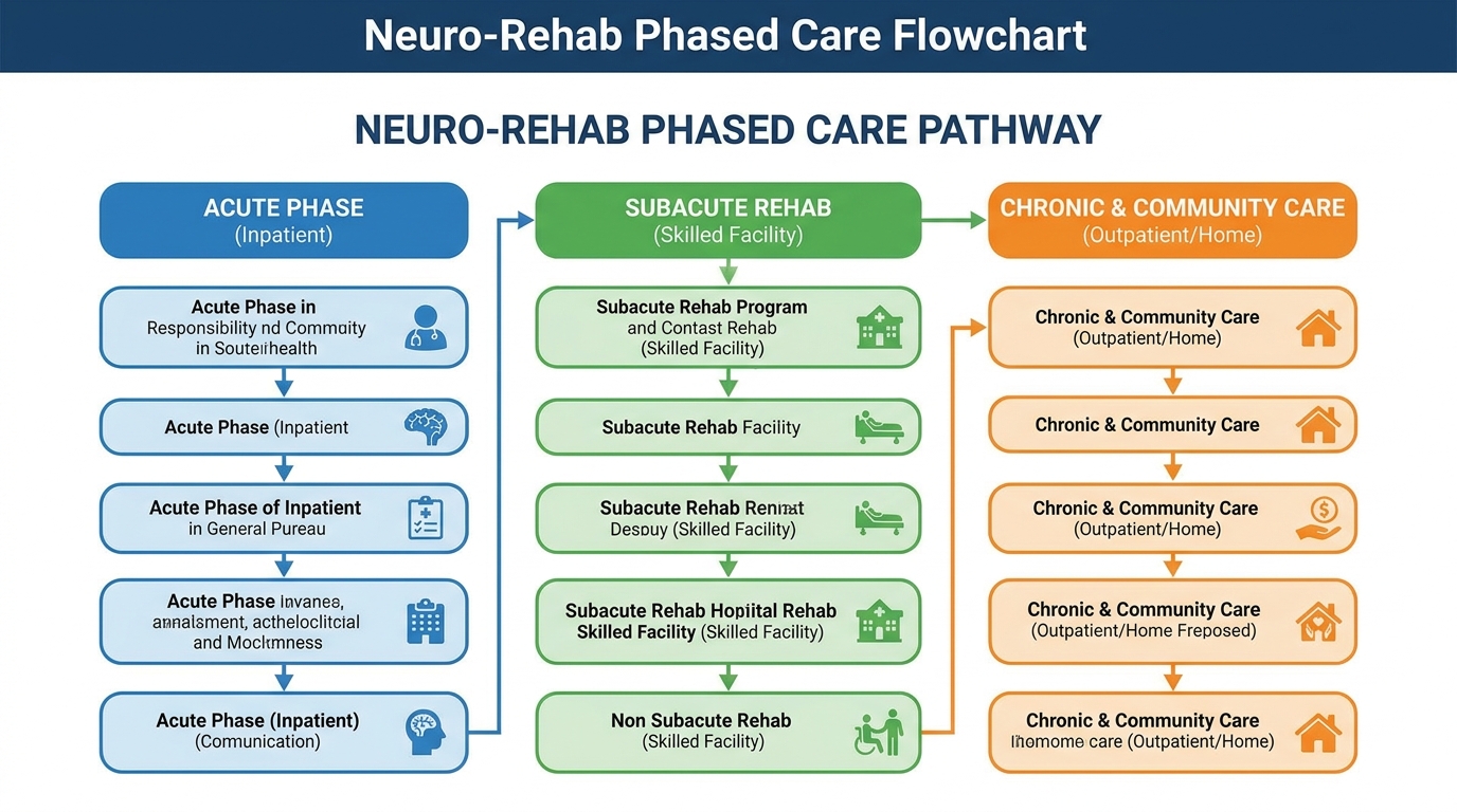 ** Flowchart showing phases of neurological rehabilitation from neurocritical care to outpatient therapy