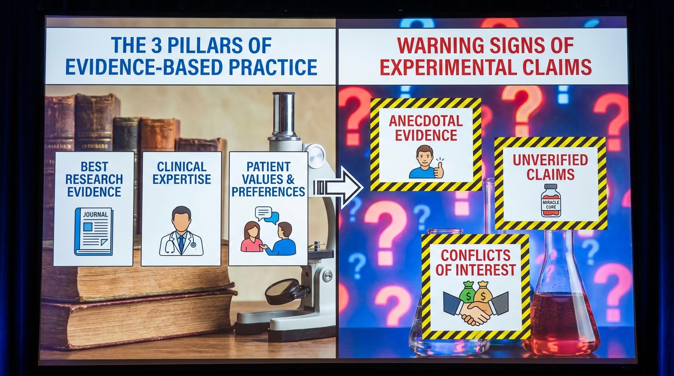 ** Infographic showing evidence based practice pillars versus experimental medical claims