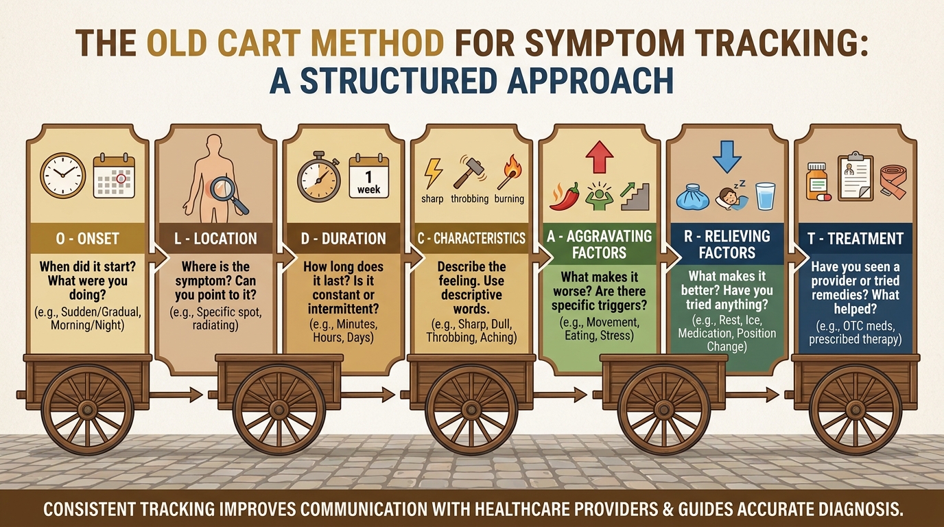 ** Infographic showing how to track symptoms before your appointment using the OLD CART method