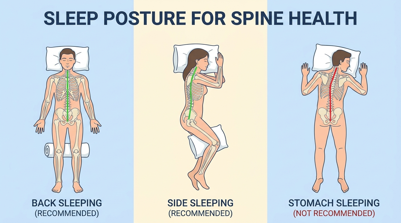 ** Diagram showing neutral spine alignment with pillow placements for neck pain and lower back pain