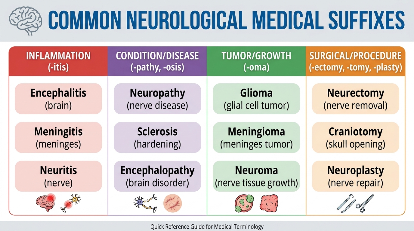 ** Cheat sheet table translating common medical suffixes like pathy