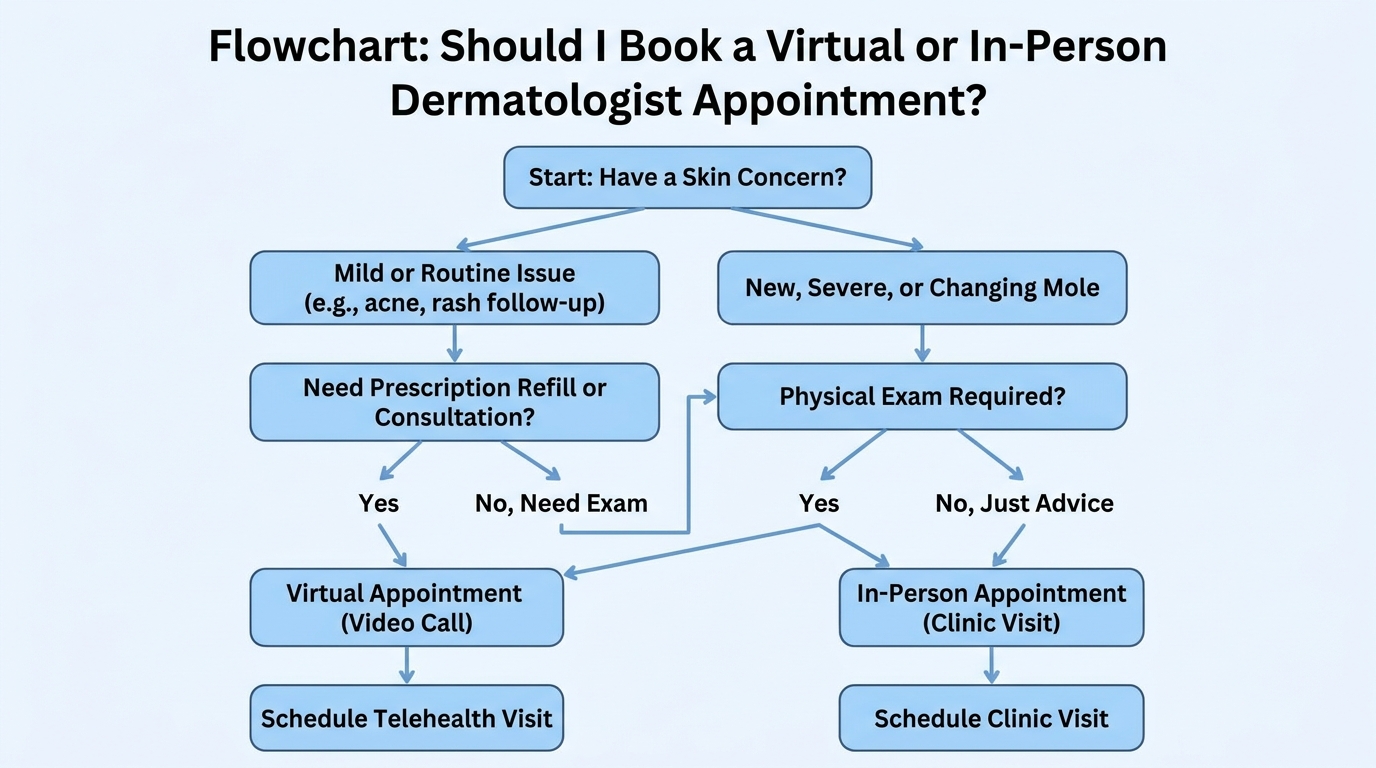 ** Flowchart helping patients decide between a virtual dermatologist appointment and in-person care