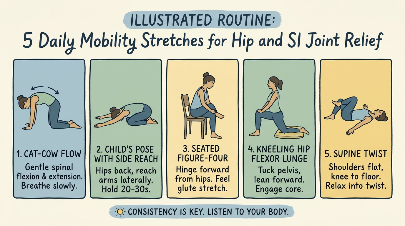 ** Diagram showing step-by-step physical therapy stretches for hip mobility
