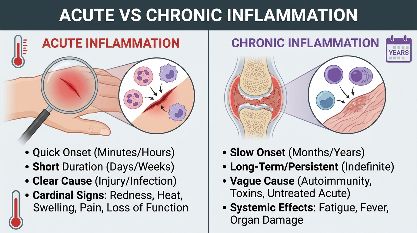 ** Infographic showing the biological pathways of acute versus chronic inflammation and weight gain