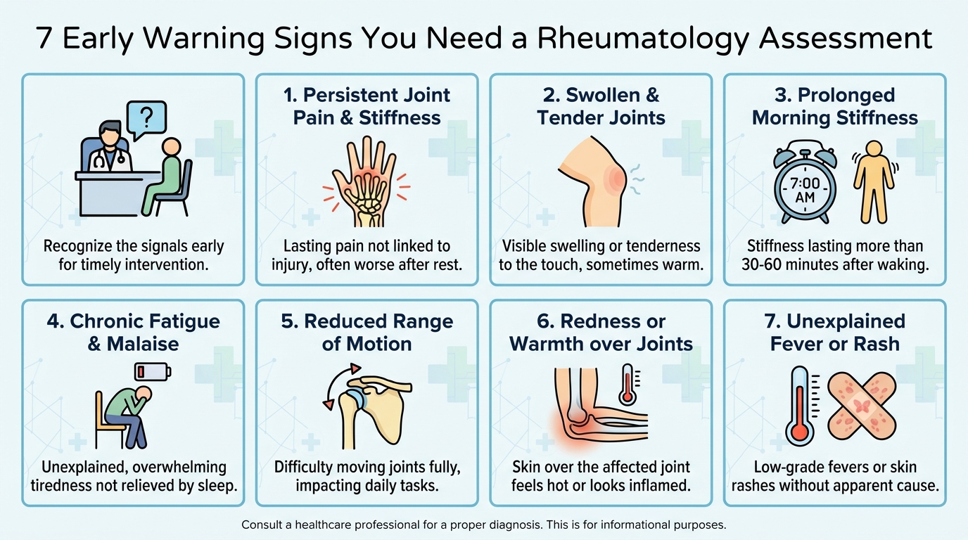 ** Checklist graphic of early rheumatology warning signs including morning stiffness lasting over 30 minutes and symmetrical joint swelling