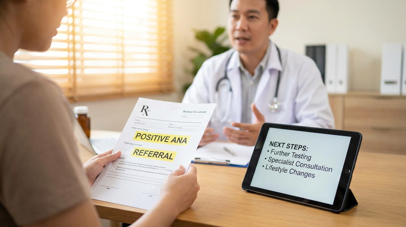 ** Flowchart showing the diagnostic pathway from a positive ANA result through titer assessment