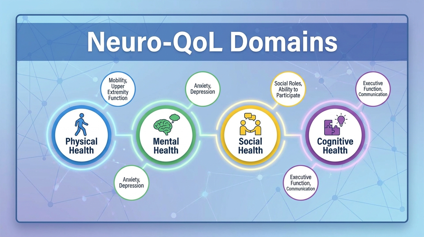 ** Infographic showing the 6 core domains of the Neuro-QoL Measurement System for chronic care