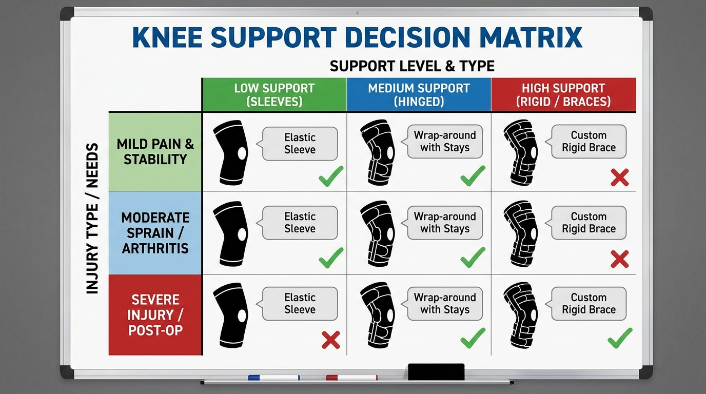 ** Buyer's Guide Matrix choosing the right knee support including Sleeve