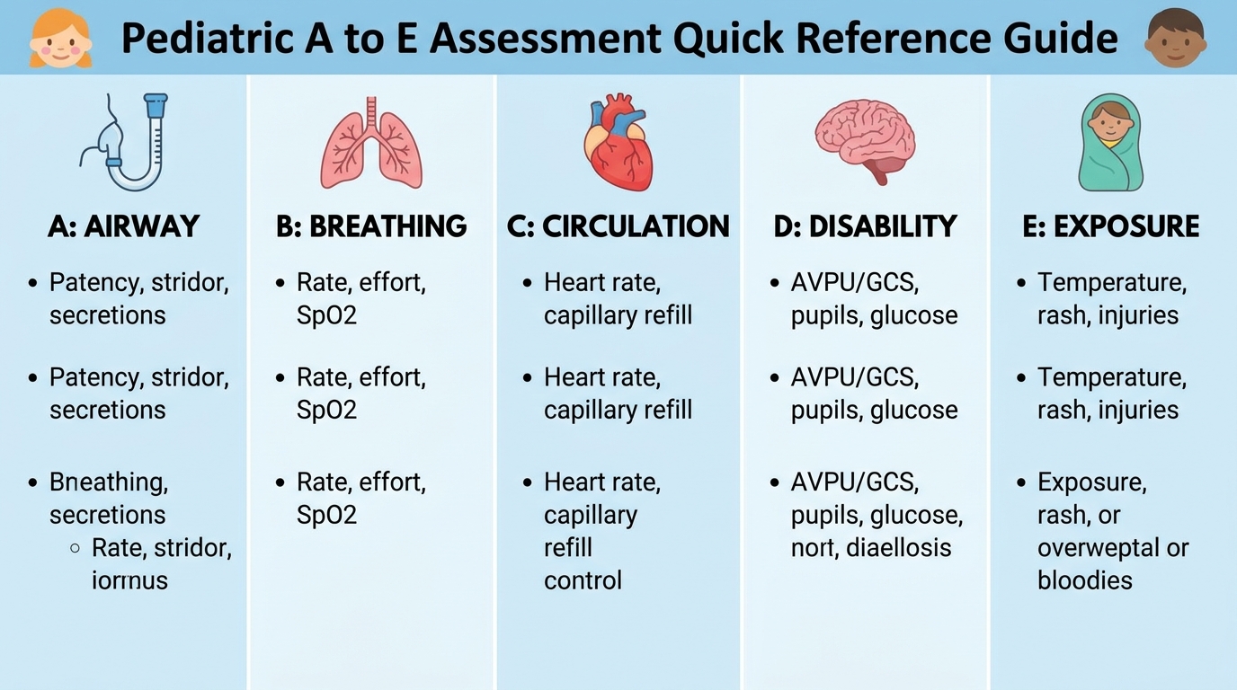 ** Cheat sheet outlining the Airway to Exposure pediatric assessment steps