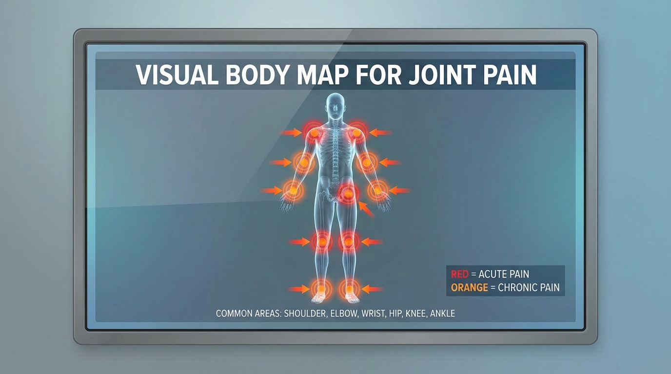 ** Visual body map showing common autoimmune joint pain and skin rash locations