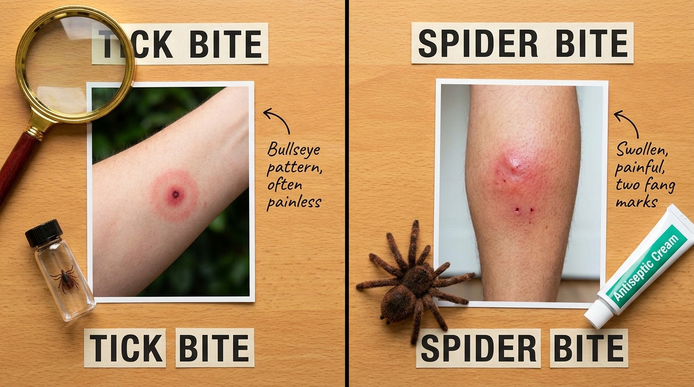 ** A 'Tick vs. Spider' bite identification guide highlighting the Lyme disease bullseye rash compared to venomous spider bites