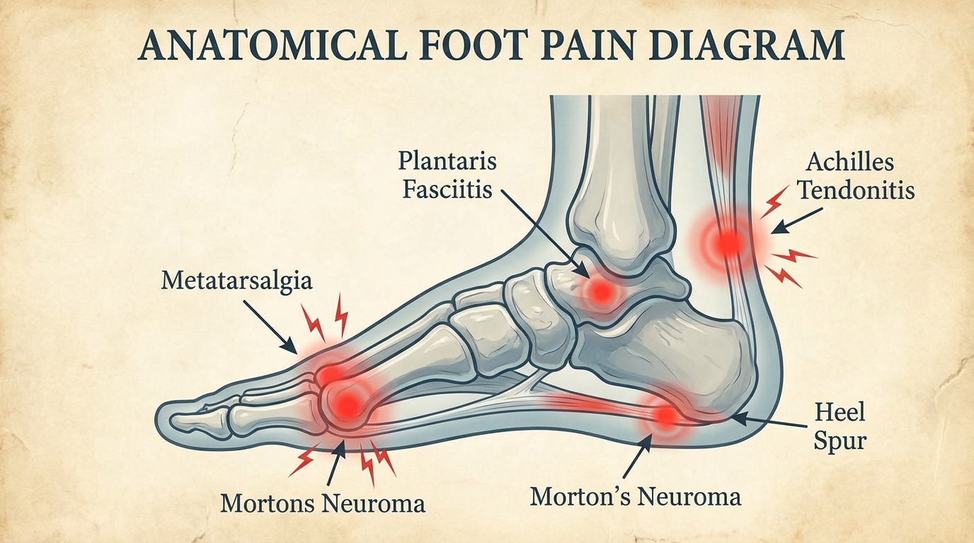 ** Anatomical foot diagram identifying pain on the top of my foot and foot bottom pain