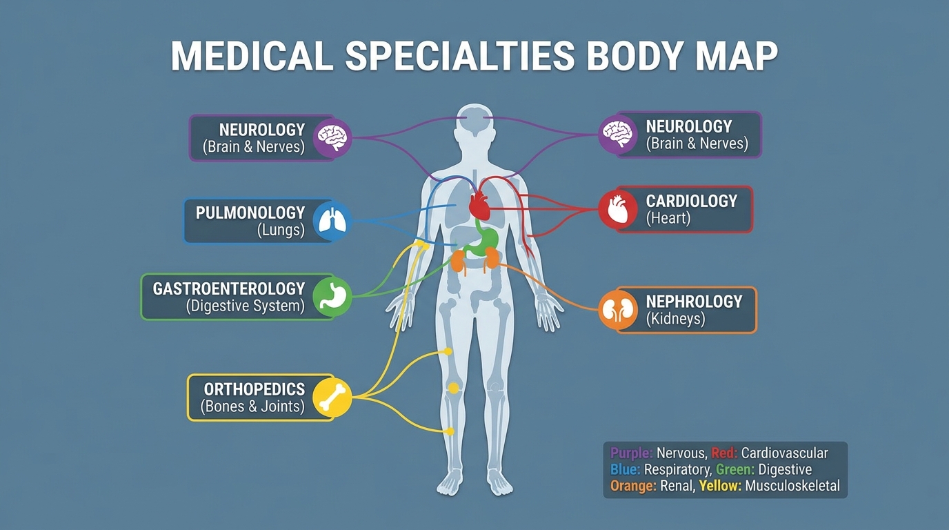 ** Diagram of the human body highlighting which specialized medical disciplines treat specific areas